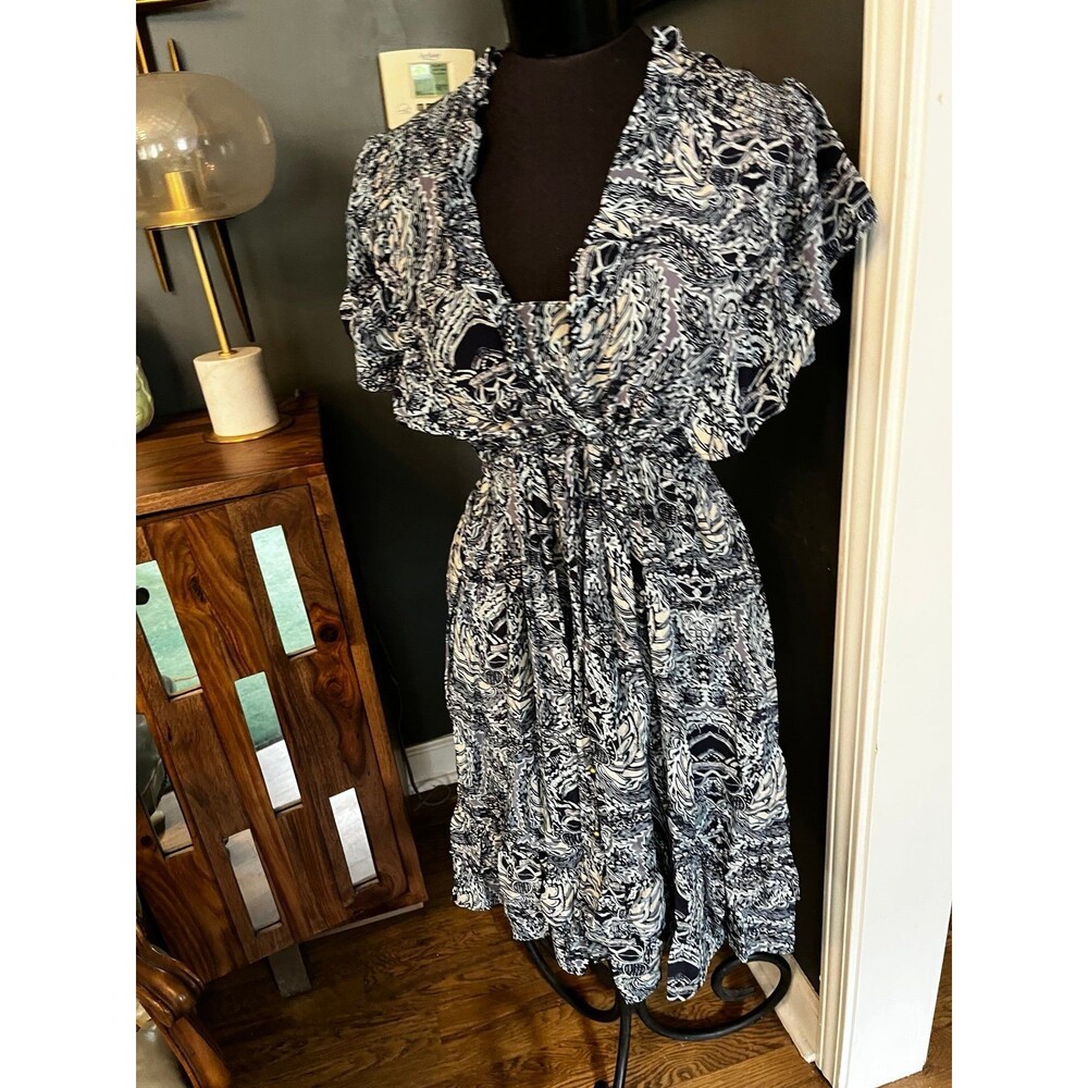 Sundance Navy Blue Silky Ruffle Boho dress Drawstring waist cottage core S